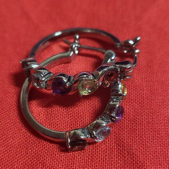 Multi Gemstone Stainless Steel Hoop Earrings - Picture 3 of 5